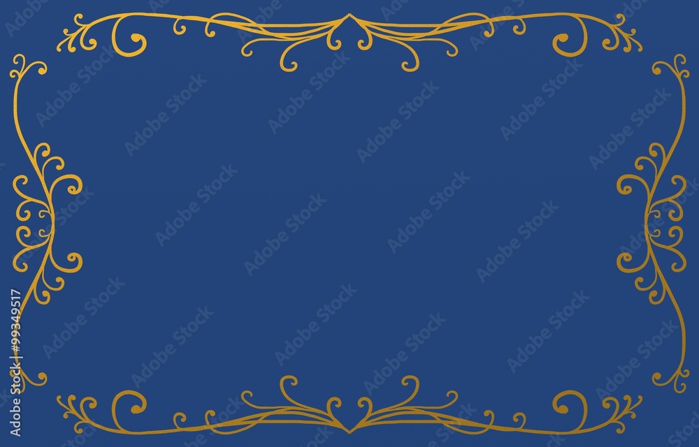 royal blue background with metallic gold border design of fancy curls and flourishes in Victorian pattern, ornate lines and design elements with blank center copyspace