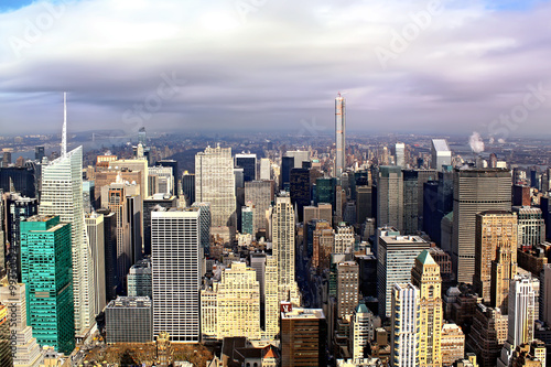 Aerial view of Manhattan skyline at sunset  New York City