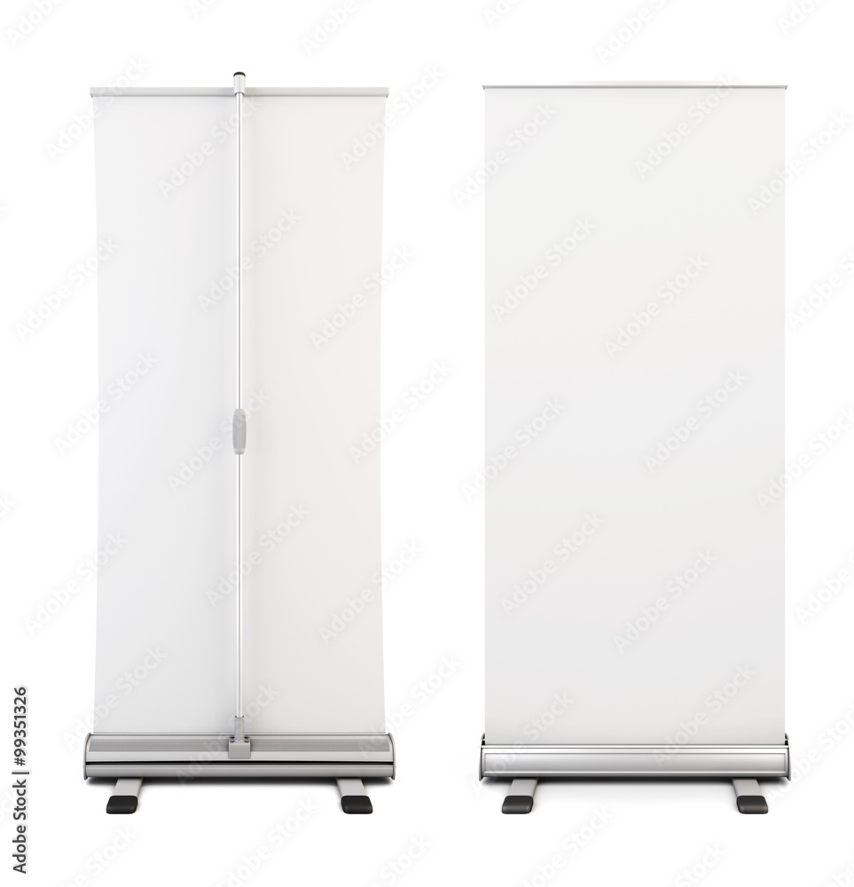 Roll up banner isolated on white background. Two blank roll up d Roll up banner isolated on white background. Two blank roll up d