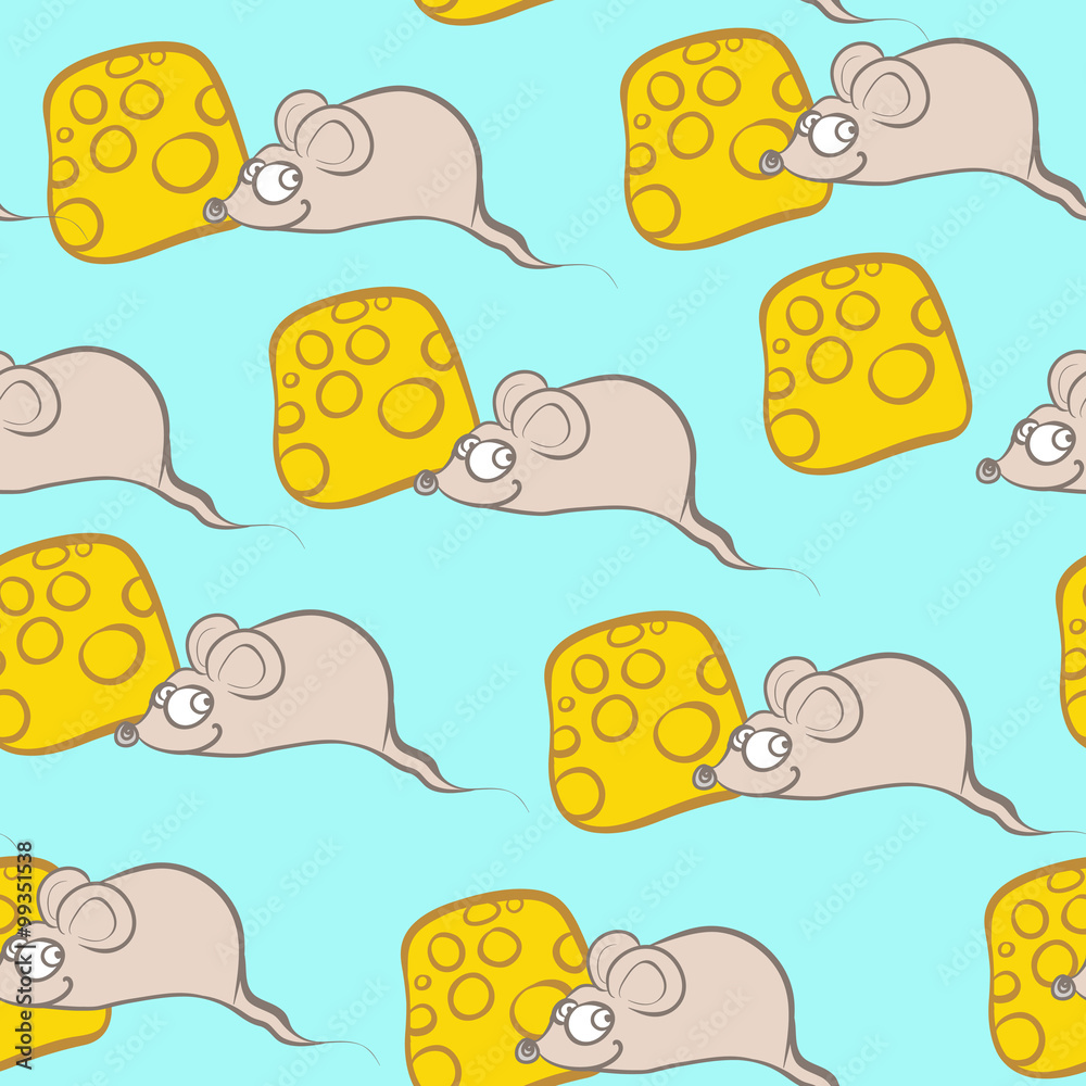 Fototapeta premium Mouse and cheese. Bright vector seamless pattern