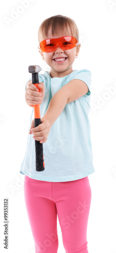 Little girl with tools isolated on white