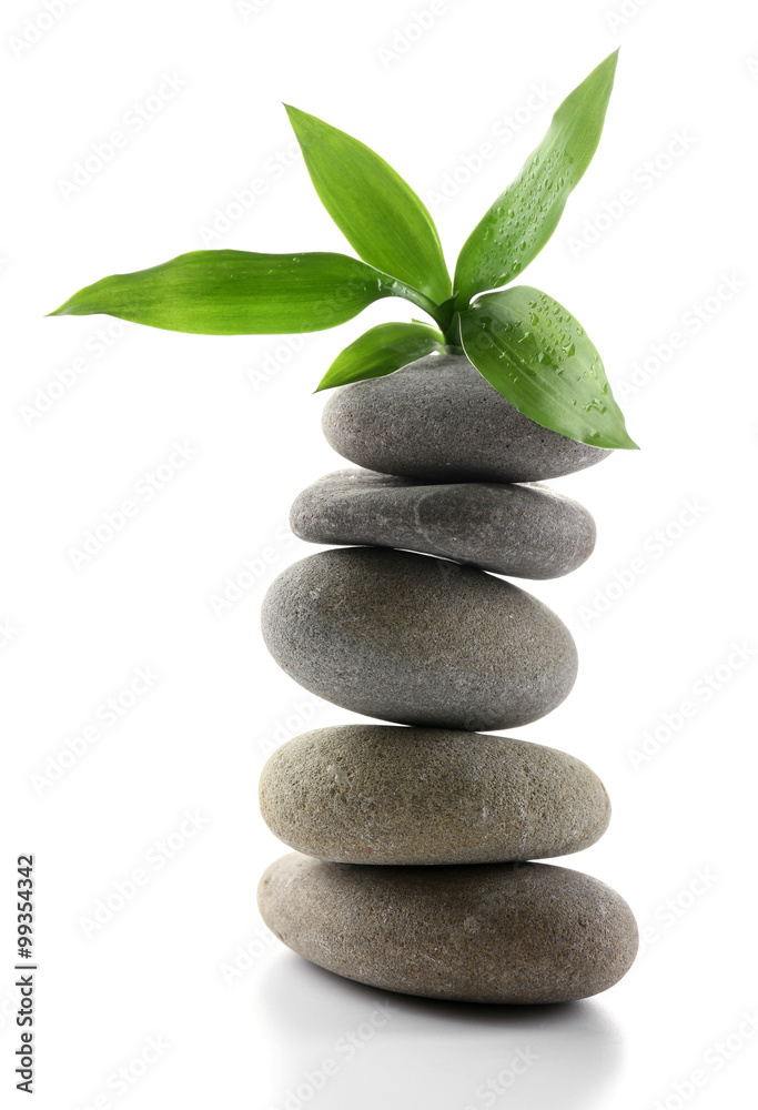 Grey spa stones and green flower, isolated on white Grey spa stones and green flower, isolated on white