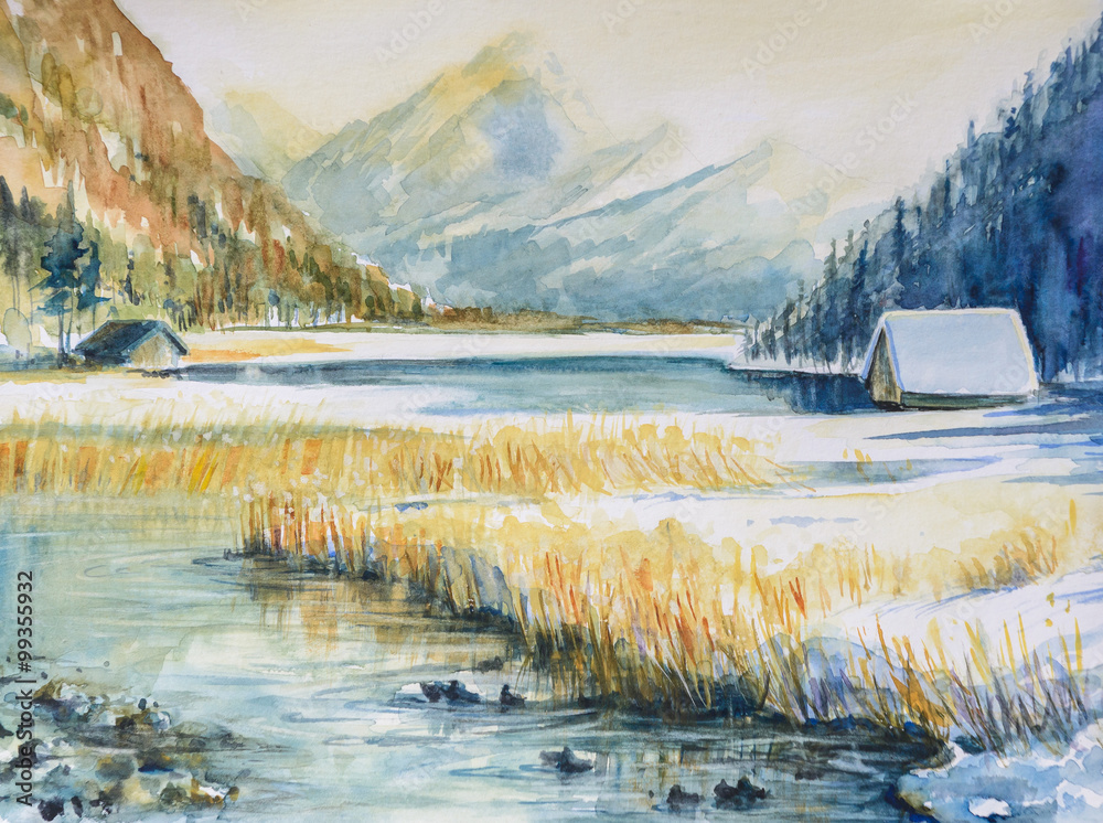 Obraz Zimowy krajobraz z góry, jeziora i domu pokryte śniegiem. Obraz utworzony za pomocą akwarel na papierze.