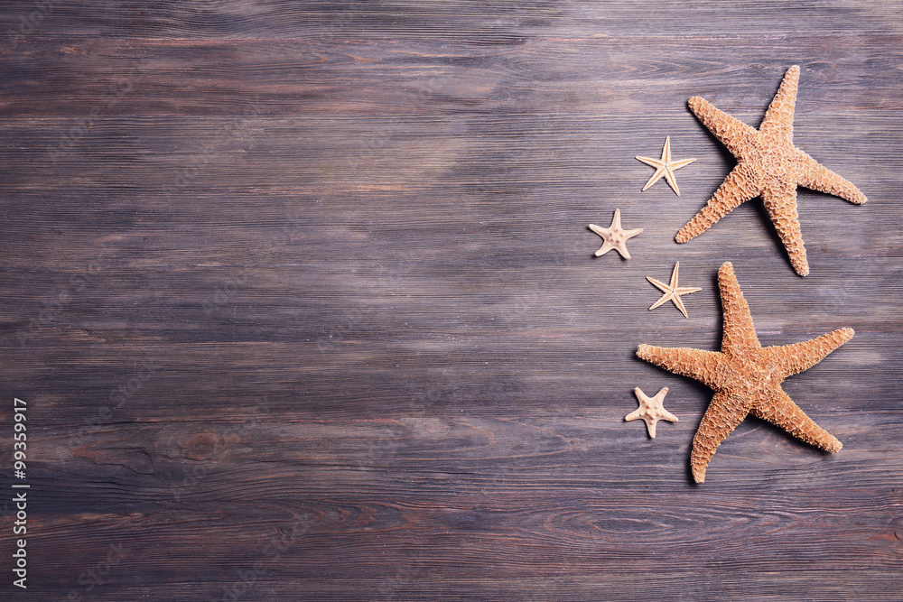 Seashells on brown wooden background Seashells on brown wooden background