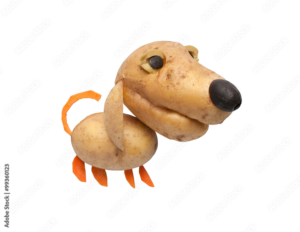 Naklejka premium Dog made of potatoes, carrot and olives