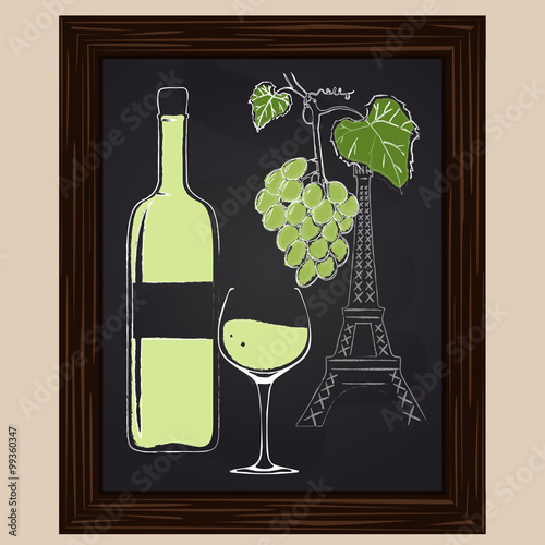 White wine bottle and glass on background eifel tower