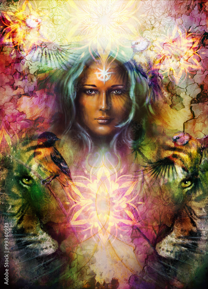 painting mighty tiger head, and mystic woman with bird, ornament background. computer collage, profile portrait, eye contact. painting mighty tiger head, and mystic woman with bird, ornament background. computer collage, profile portrait, eye contact.