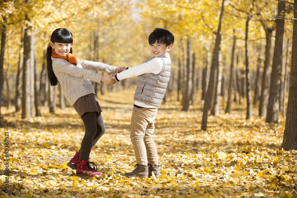 Fototapeta premium Two children playing in autumn woods