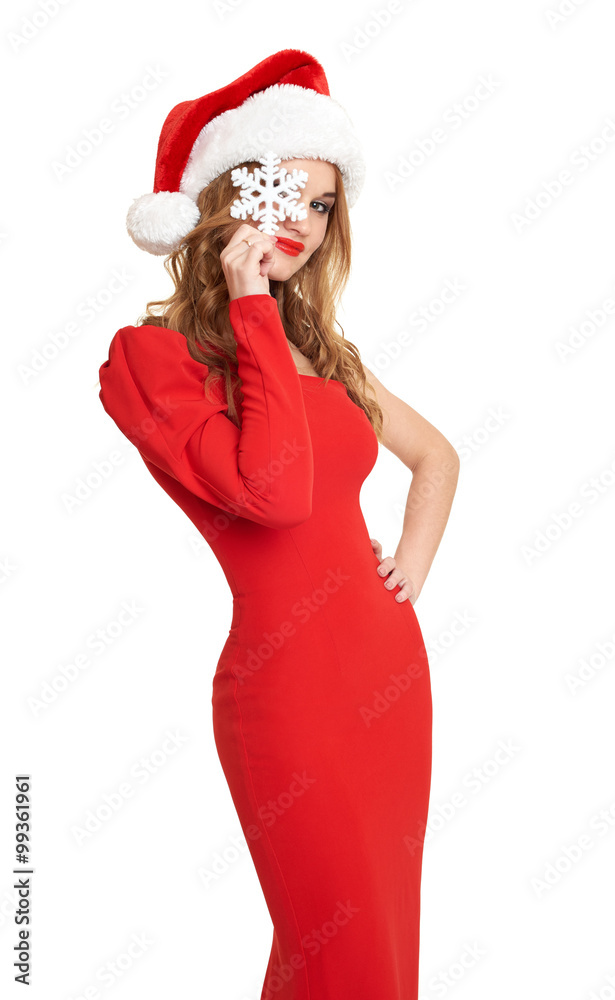 girl in red dress and santa hat, white background