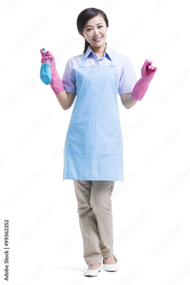 Female cleaner with cleaning product Female cleaner with cleaning product