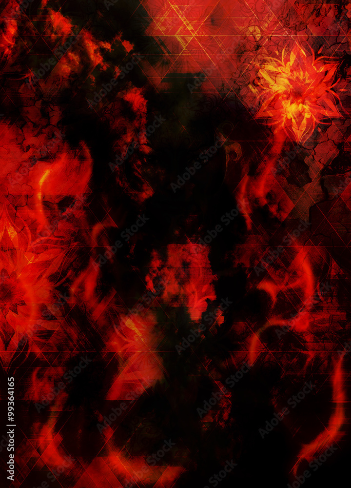 oriental ornamental mandala and color abstract background with fire flame, LAVA structure. Earth Concept.