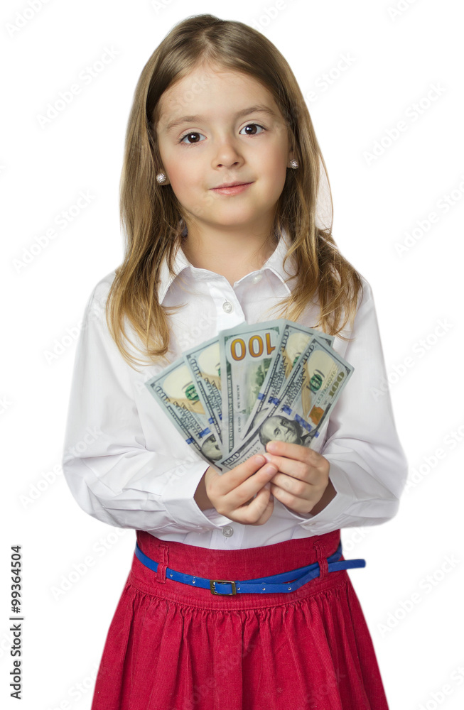Child girl hold money in hands isolated. Child girl hold money in hands isolated.