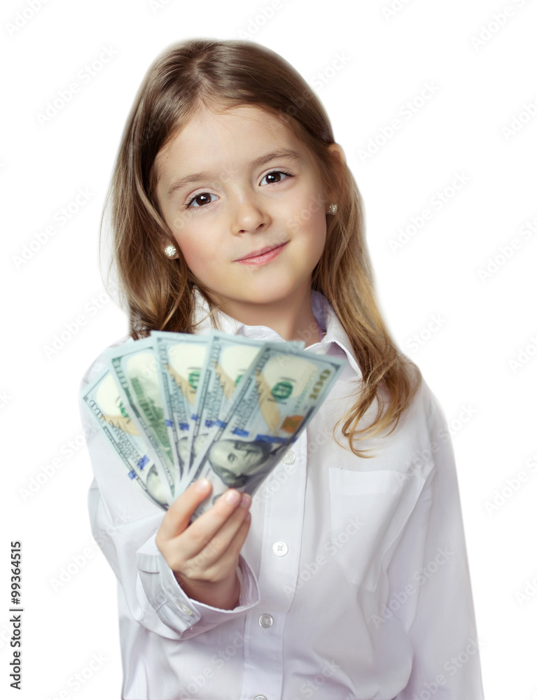 Сhild girl in white shirt holding money isolated on white.Finac Сhild girl in white shirt holding money isolated on white.Finac