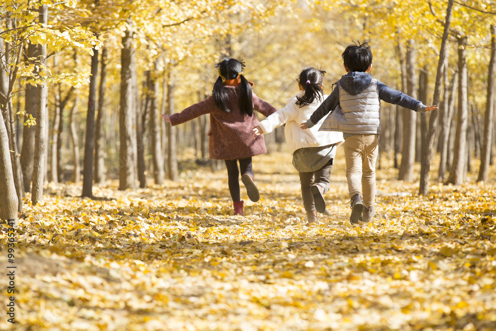 Three children playing in autumn woods Three children playing in autumn woods