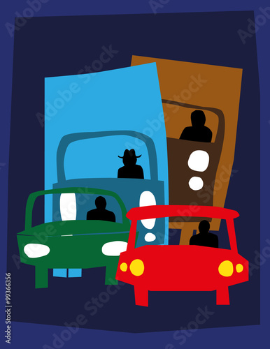 Vector illustration in a hand drawn style of traffic formed of cars and trucks driving bumper to bumper with their headlights on in the darkness