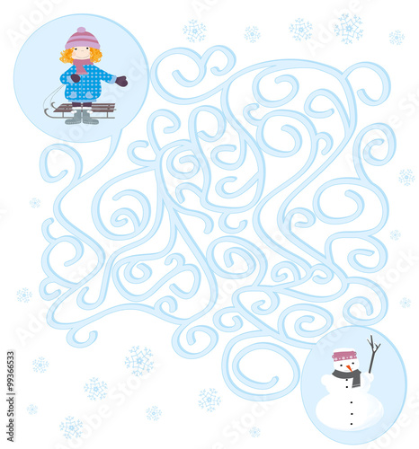 Winter maze game for children with a happy girl and a snowman on white background with snowflakes