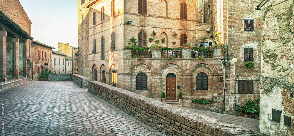 Panoramic street view in Certaldo, Italy.