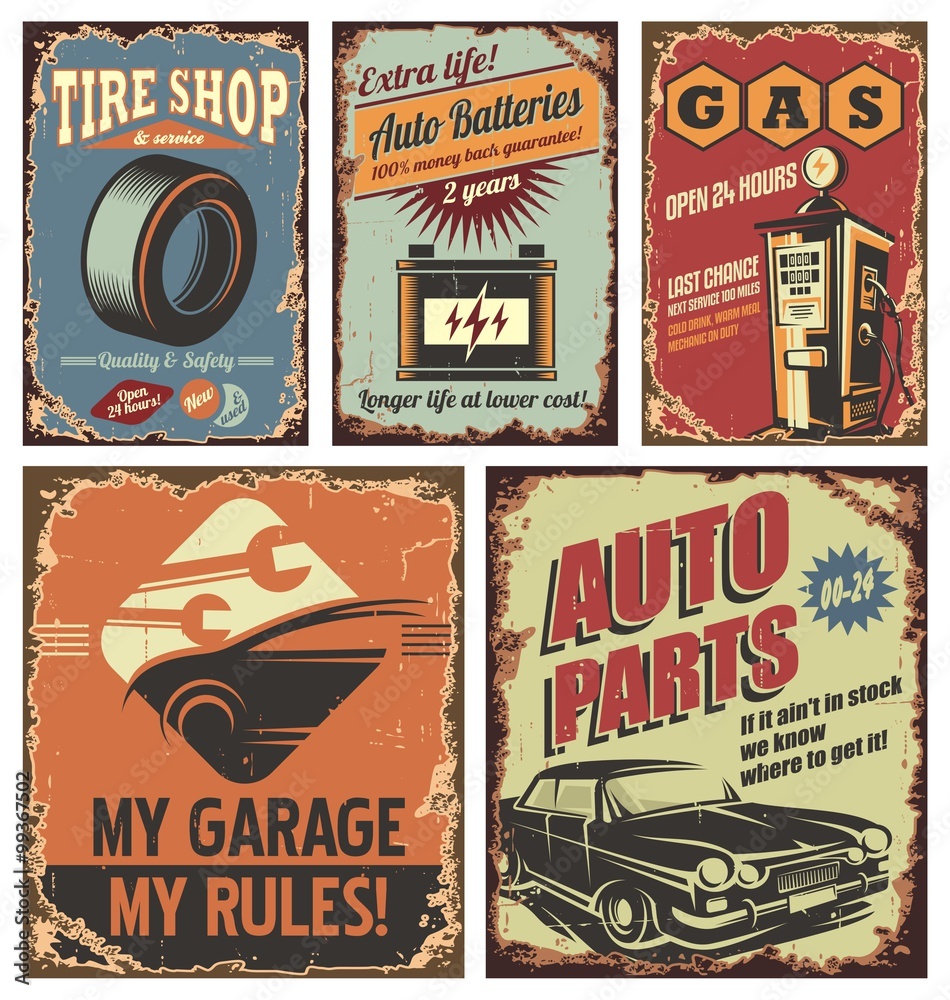Plakat Znaki drogowe rocznika samochodu i plakaty