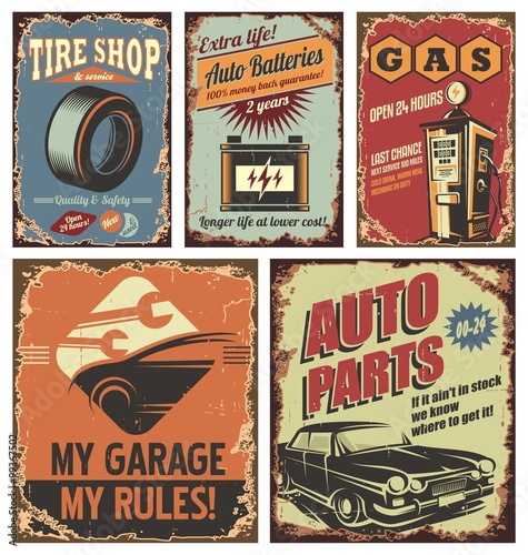 Plakat Znaki drogowe rocznika samochodu i plakaty