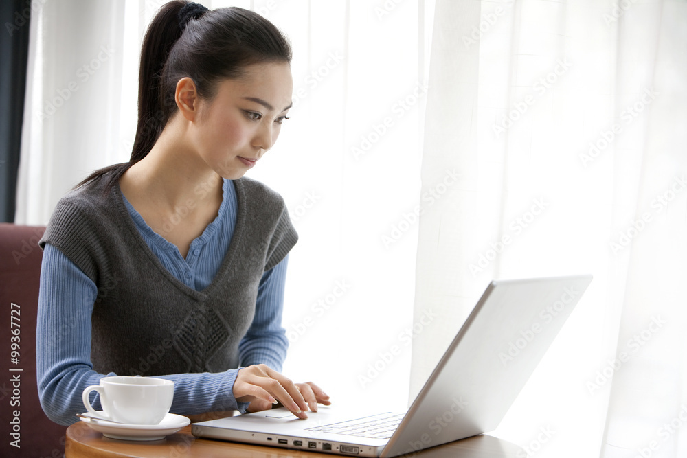 A young woman using laptop at a coffe shop A young woman using laptop at a coffe shop