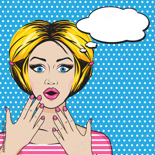 Pop art young woman face with open mouth and big staring yeys. Blonde surprised retro woman in comic style. Vector illustration.