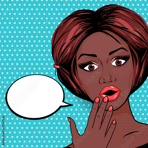 Pop Art Surprised African American woman with open mouth on dotted background. Retro surprised woman vector illustration.