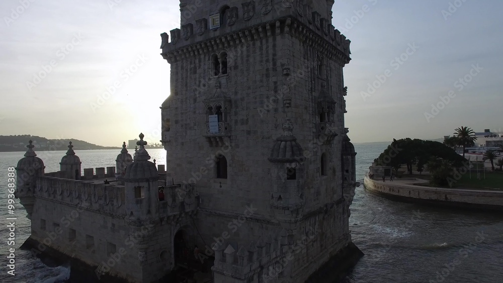 Aerial view of Belem Tower - Torre de Belem - in Lisbon, Portugal Aerial view of Belem Tower - Torre de Belem - in Lisbon, Portugal