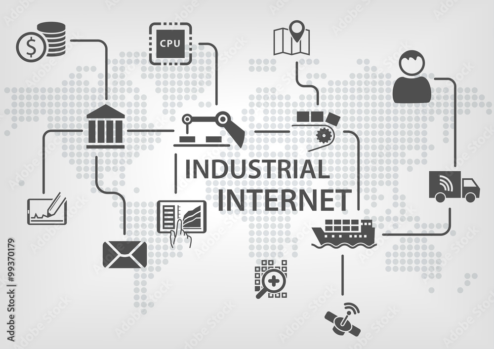 Industrial Internet (IOT) concept with world map and process flow for business automation of industries. Industrial Internet (IOT) concept with world map and process flow for business automation of industries.