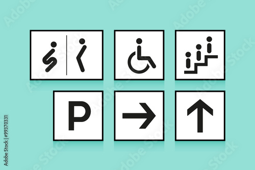 Set of navigation signs. Icons toilet or WC, arrow and escalator on white background. Vector illustration.
