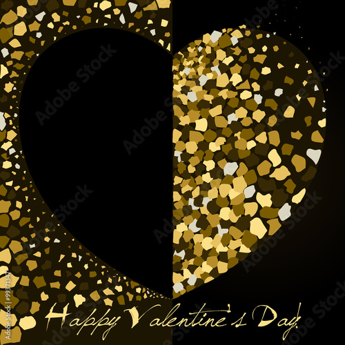 Valentines Gold Glitter Heart / Black background with golden heart, one side opened, and with glittering sparkling gold details scattered around. There is inscription Happy Valentine's Day.