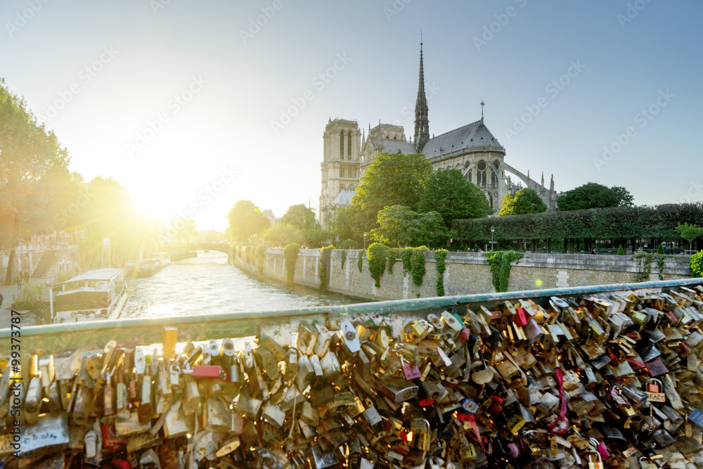 Samolepka View of Notre Dame cathedral in Paris with famous locks of love