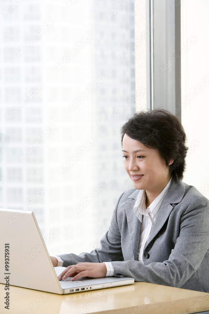 Businesswoman uses laptop in a well-lit, sunny office. Businesswoman uses laptop in a well-lit, sunny office.