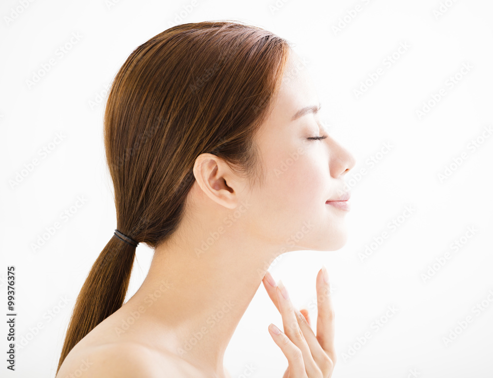 side view young smiling woman with clean face side view young smiling woman with clean face