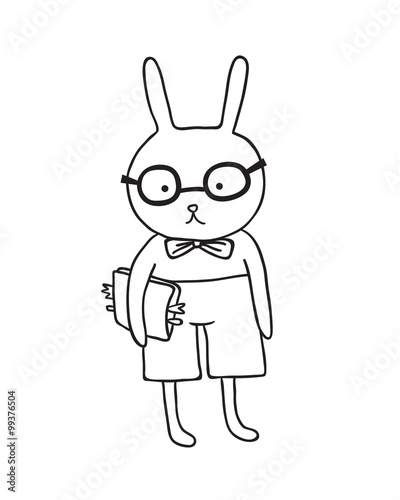 Smart Bunny Outline Vector Illustration.