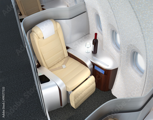 Close-up of luxurious business class seat with metallic silver partition. 3D rendering image in original design. © chesky