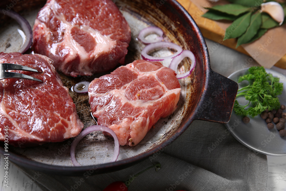 Marbled beef steak on pan and spices on color wooden background Marbled beef steak on pan and spices on color wooden background
