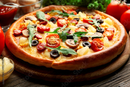 Delicious pizza with vegetables, close-up