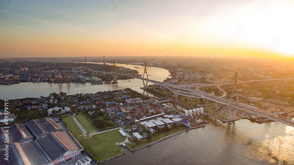 Fototapeta premium aerial view of bhumibol 1,2 bridge important landmark of bangkok