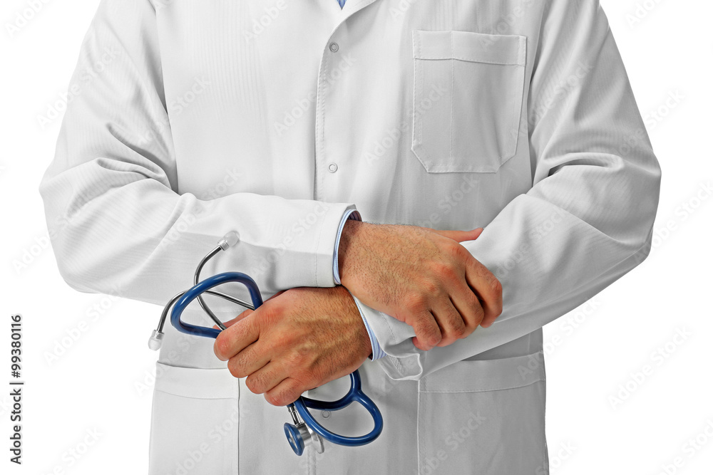Doctor with crossed hands and stethoscope isolated on white background, close up Doctor with crossed hands and stethoscope isolated on white background, close up