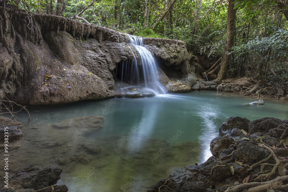 Fototapeta premium tropical waterfall in deep forest of Kanchanaburi province, Thailand.