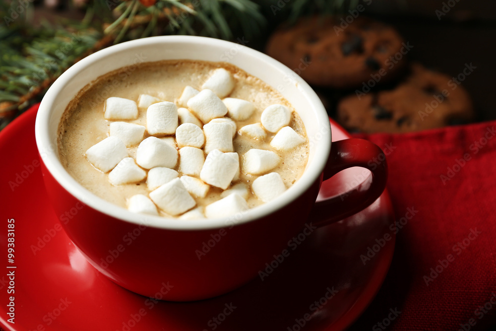 Mug of hot chocolate with marshmallows, on wooden background Mug of hot chocolate with marshmallows, on wooden background
