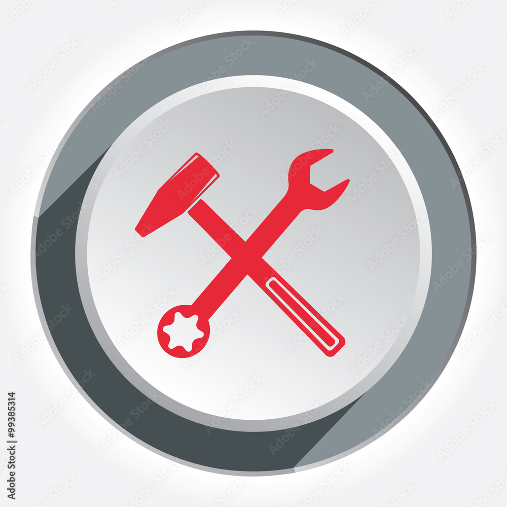 Hammer and wrench icon. Repair tool symbol. Red sign on white-gray button with shadow. Vector isolated Hammer and wrench icon. Repair tool symbol. Red sign on white-gray button with shadow. Vector isolated