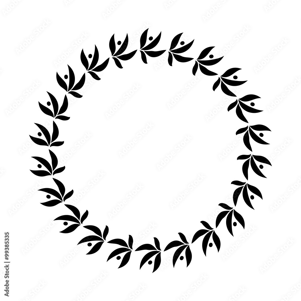 Laurel wreath circle tattoo icon. Black stylized ornament, leaves with berry sign on white. Victory, peace, glory symbol. Vector 