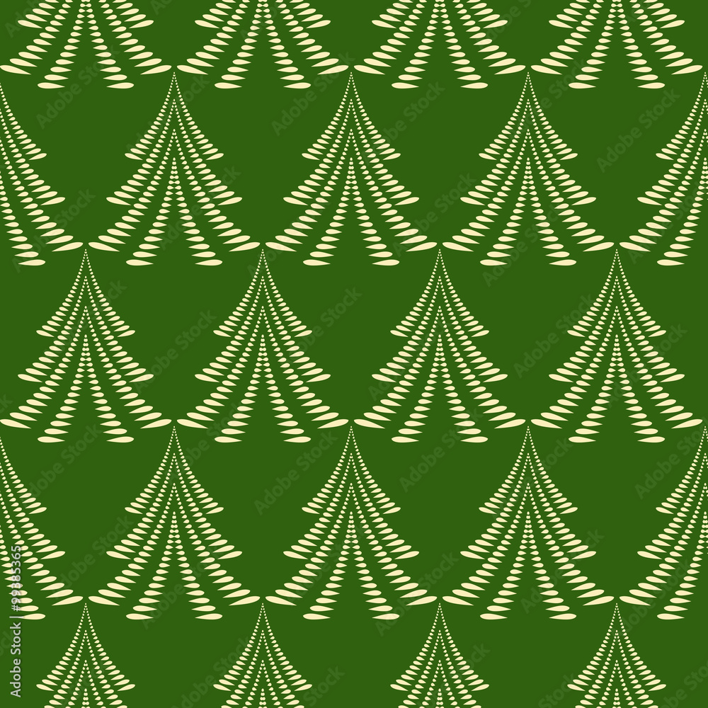 Seamless Christmas pattern. Trees, firs on dark background. Stylized ornament of laurel leaves. Winter, New Year texture. Green colored. Vector 