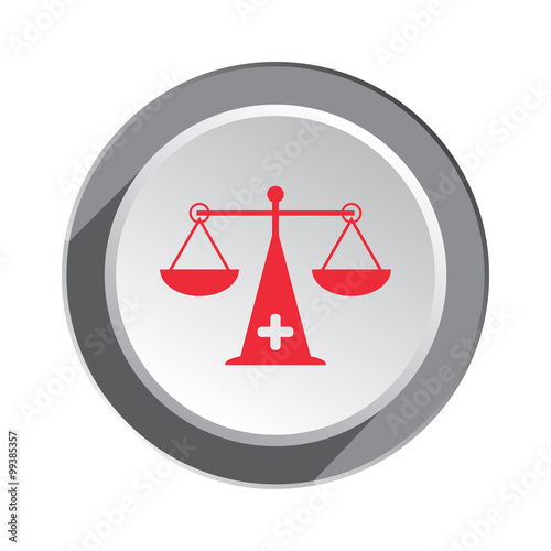 Scales, weigher icon. Medical instrument, weight, balance symbol. Red sign on white-gray button with shadow. Vector 