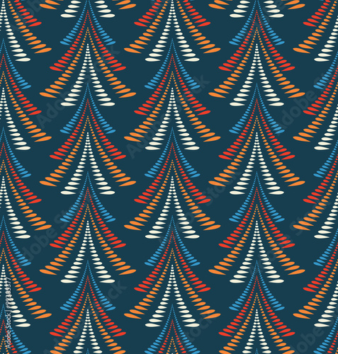 Seamless Christmas pattern. Trees, firs on dark blue background. Winter, New Year texture. Blue, orange, red and white colors. Vector 