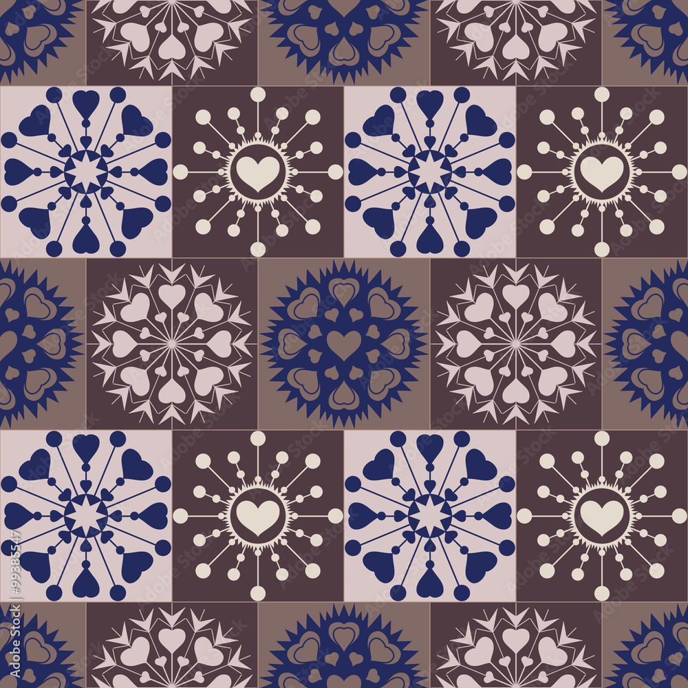 Christmas seamless pattern of heart snowflakes. New Year, Valentine, birthday, winter, coffee texture. Brown, gray, blue colors. Vector