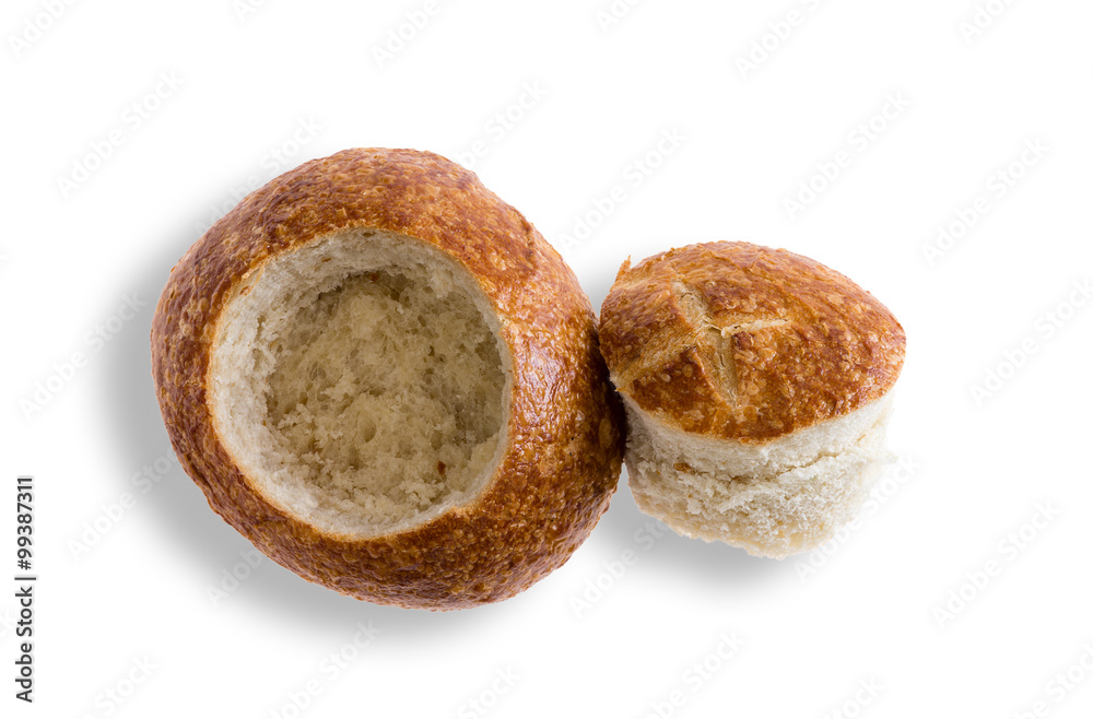 Crusty fresh roll prepared as a bread bowl