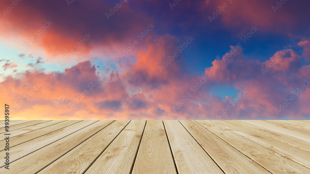 Perspective wood and sunset background