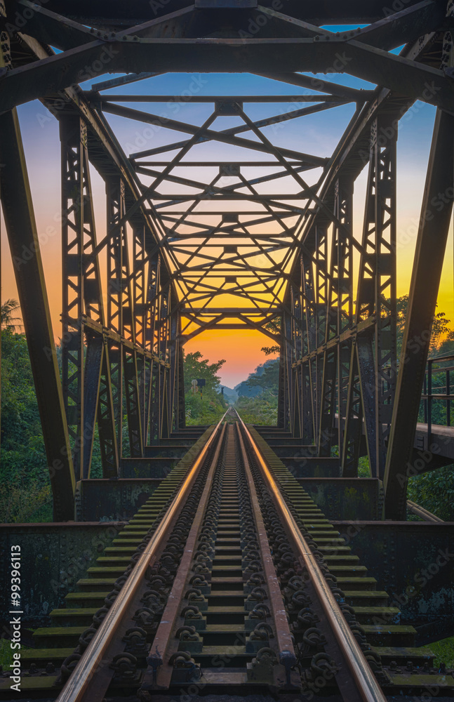 Sunset at the railway bridge in rural of Thailand.